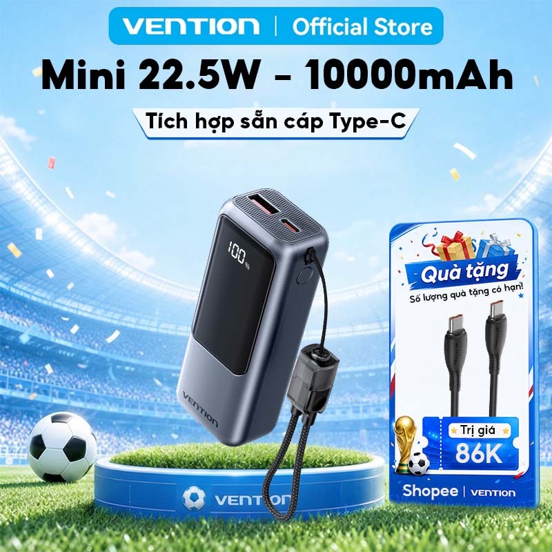 Pin Sạc Dự Phòng Mini 22.5W 10000mAh Vention Tích Hợp Dây Type C, Màn LED Hiển Thị,Hỗ Trợ Sạc Nhanh, Thiết Kế Nhỏ Gọn