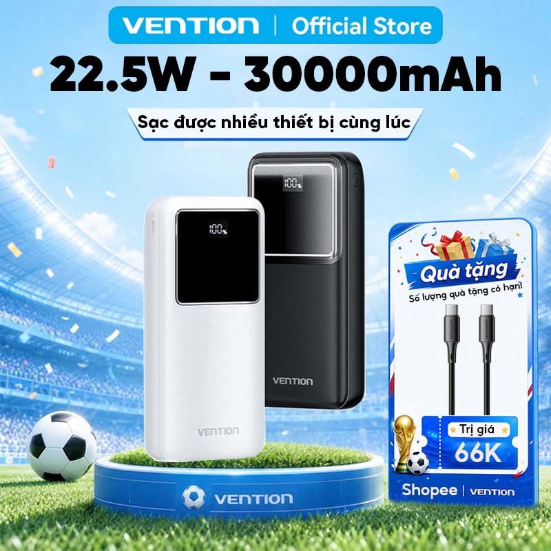 Pin Sạc Dự Phòng 30000mAh 22.5W Vention, 3 Cổng USB-A/USB-C/Micro, Sạc Nhanh PD3.0, Dung Lượng Lớn