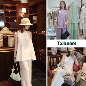Set áo lụa sen đá 3 lỗ + quần lụa ống rộng TCHOOSE