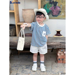 Bộ cotton kẻ phối túi thêu ô tô quần kaki cho bé trai đi chơi, đi học, bộ thun cotton mềm mát quần kaki đẹp