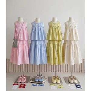 Set Bộ Váy Bé Gái Dáng Maxxi Đính Nơ Hồng Xinh Đi Biển Dễ Thương Chất Thô Cotton Xịn Mềm Mịn Mát