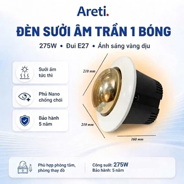 Đèn Sưởi Nhà Tắm 275W, Đèn Âm Trần 1 Bóng Nhựa Chống Cháy, Đèn Sưởi Nhà Tắm Nano Chống Nổ, Bảo hành 36 Tháng 1 Đổi 1