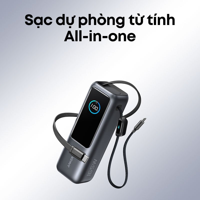 Sạc dự phòng ANKER Zolo 25000mAh |Công suất 165W |Tích hợp 2 cáp USB-C rút gọn |Có màn hình - A1695| BH 18 tháng | BigBuy360 - bigbuy360.vn