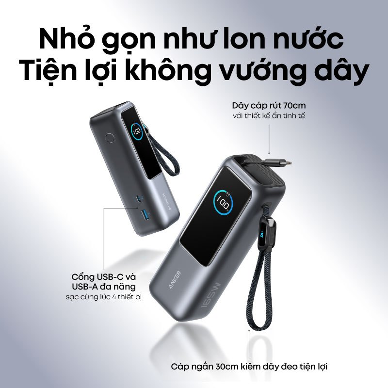 Sạc dự phòng ANKER Zolo 25000mAh |Công suất 165W |Tích hợp 2 cáp USB-C rút gọn |Có màn hình - A1695| BH 18 tháng | BigBuy360 - bigbuy360.vn