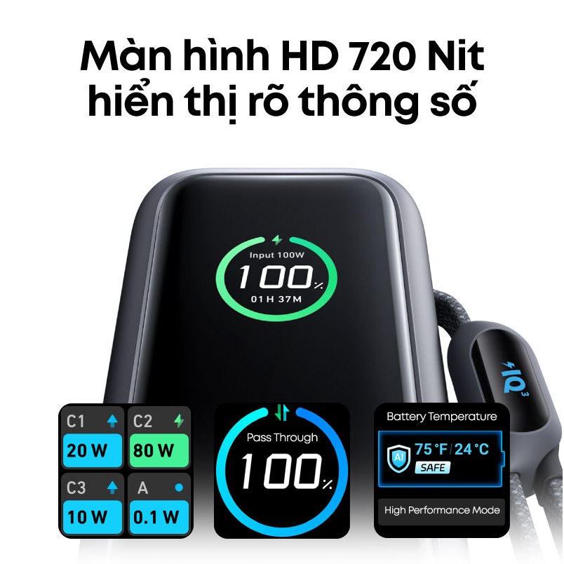 Sạc dự phòng ANKER Zolo 25000mAh |Công suất 165W |Tích hợp 2 cáp USB-C rút gọn |Có màn hình - A1695| BH 18 tháng | BigBuy360 - bigbuy360.vn