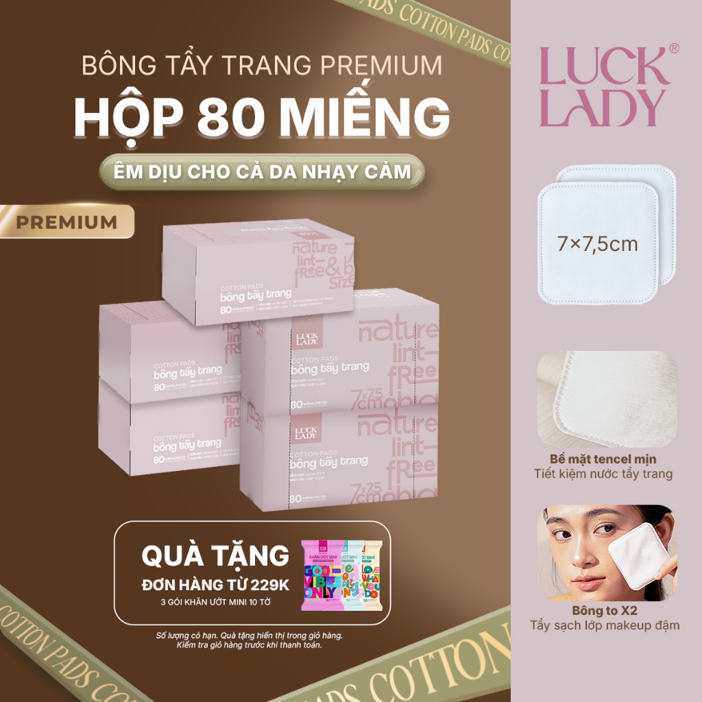 Bông tẩy trang Luck Lady vuông to cỡ đại 80 miếng/hộp, chất liệu Cotton & Tencel mềm mịn, làm sạch sâu
