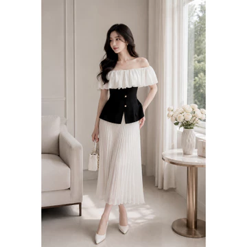 Áo Peplum Trễ Vai Phối Tơ Voan & Tafta Thanh Lịch – by Sorella Closet