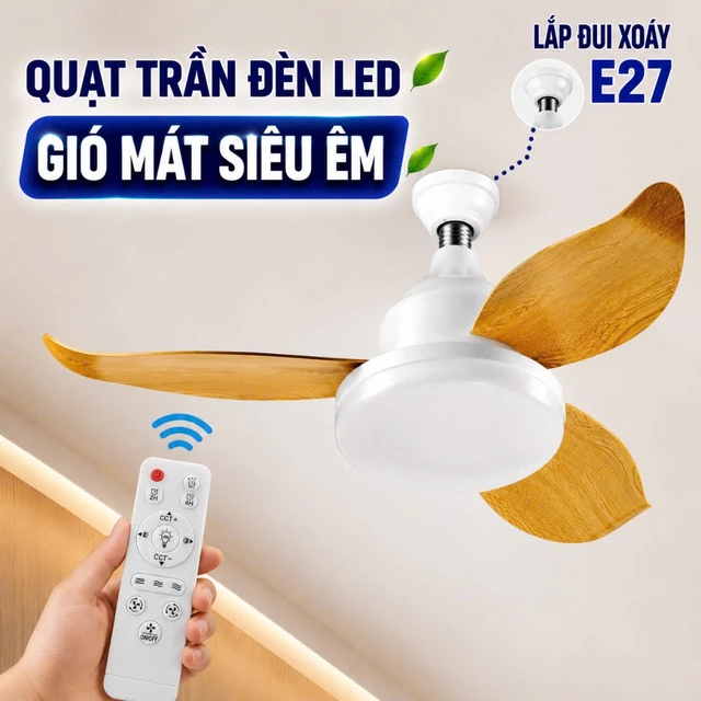 Quạt Trần Đèn E27 điều khiển 3 cấp gió mát siêu êm đèn LED siêu sáng 3 cánh 63cm, 5 cánh 52cm vân gỗ