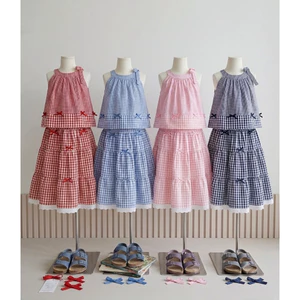Set Váy Yếm Caro Cho Bé Gái, Váy Yếm Bé Gái Chất Thô Cotton Mịn, Mềm Mát Thiết Chân váy Đính Nơ Xinh