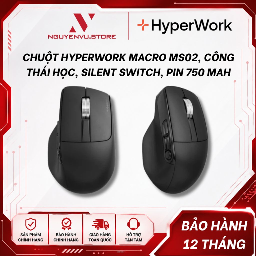 Chuột không dây HyperWork macro MS02, Công thái học, Silent switch, Pin 750 mAh - Hàng chính hãng | BigBuy360 - bigbuy360.vn