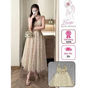 Đầm Tiệc Ren Hoa Lưới Cổ Vuông Chuẩn CHOUCHOU Dự Tiệc Hoa Nổi Sang Chảnh