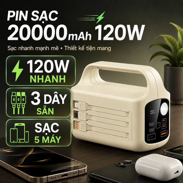Sạc dự phòng 30000mAh 120W Sạc dự phòng 3 dây Sạc dự phòng nhanh Sạc dự phòng siêu dung lượng