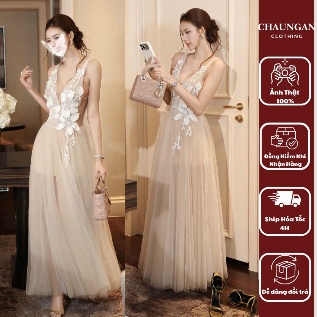Váy Maxi Dự Tiệc Trà Màu Kem Nude Xuyên Thấu Kết Hoa Nổi Cao Cấp