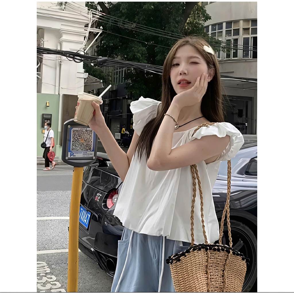 Áo nữ tay bồng cổ rộng dáng bí xinh xắn áo kiểu nữ thiết kế dây nơ mặc được nhiều kiểu hottrend-A38 | BigBuy360 - bigbuy360.vn