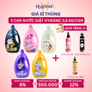 Combo 5 Can Nước Giặt Đậm Đặc HygienC Plus 3,6 Kg/Can - Hương Nước Hoa, Làm Sạch Vết Bẩn