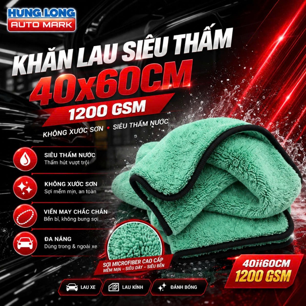 Khăn Lau Xe Đa Năng 40x60cm Microfiber Siêu Thấm Hút Dày Dặn Không Rụng Lông Không Trầy Xước Đa Năng