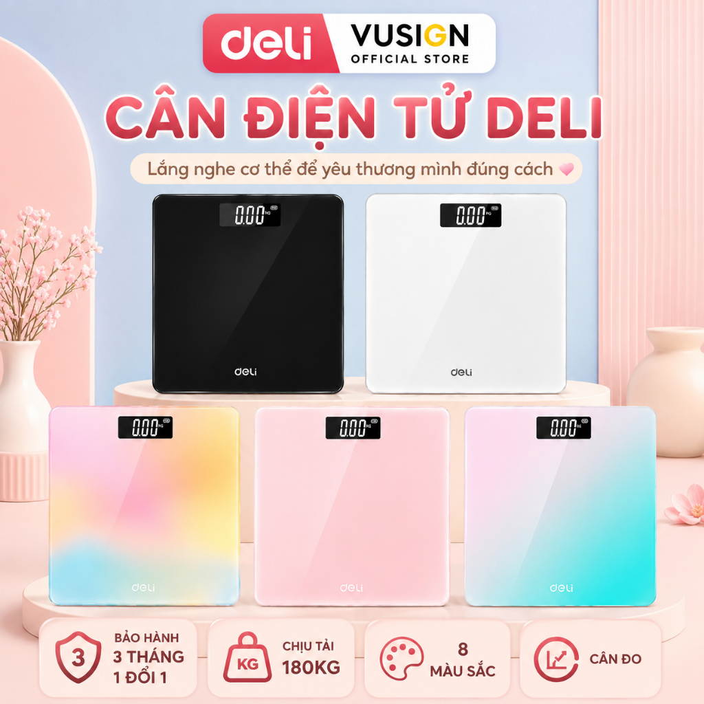 Cân Điện Tử Sức Khỏe DELI Chịu Tải 180KG Màn Hình Số LCD Cân Chính Xác Bảo Hành 3 Tháng Kèm Pin