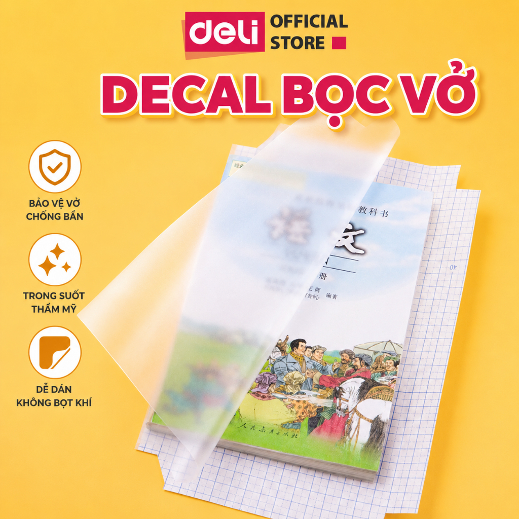 Decal Bọc Vở / SGK Trong Suốt Deli Combo 10 Tờ Chống Nước Chống Bụi Dễ Dán Phù Hợp Nhiều Kích Thước Sách Vở