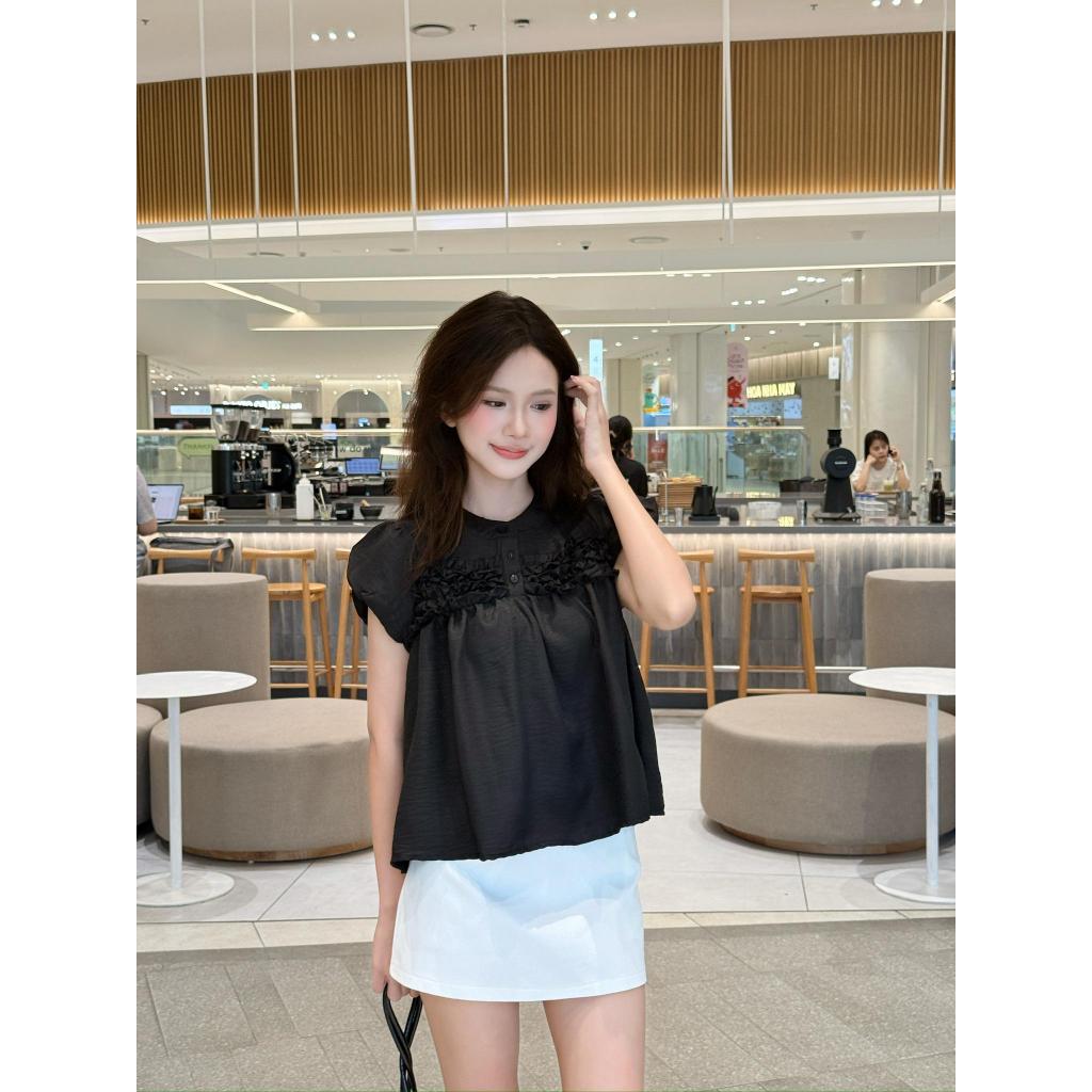 Áo babydoll đũi vân mây cổ trụ, Áo kiểu nhún bèo cổ trụ dễ thương - 29feb.closet - A610 | BigBuy360 - bigbuy360.vn