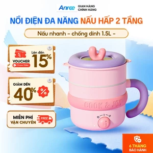Nồi Lẩu Điện Mini Đa Năng 1.5L ANREE - 2 Tầng Chống Dính - Hấp, Luộc, Chiên Xào, Nấu Lẩu, Mì