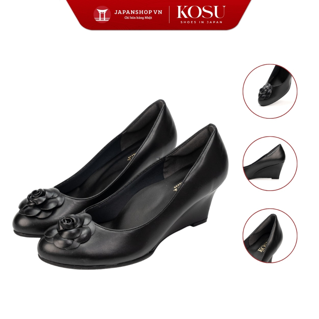 Giày da cao gót đính hoa Kosu 7cm K-24832, giày cao gót Cash Wedge nhẹ, êm chính hãng Nhật Bản