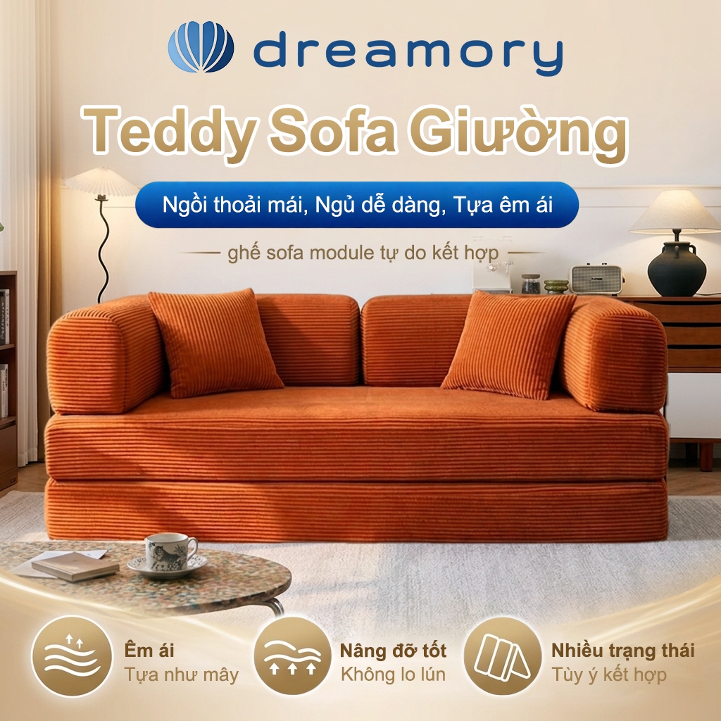 Dreamory Sofa Teddy Sofa Giường Đa Năng Dài 1.8/2.2m,Mút Xốp Mật Độ 45D,Vải Nhung Gân,Vỏ Bọc Có Thể Tháo Rời