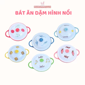 Bát sứ ăn dặm cho bé hình nồi họa tiết dung tích 250ml, Bát ăn dặm cho bé hình nồi có nắp cute