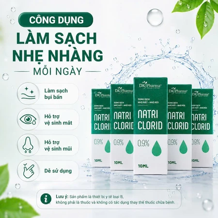Natri Clorid 0.9% Nước muối sinh lý sạch mắt mũi hàng ngày chuyên trẻ nhỏ,người lớn Dk Pharma 1 lốc 10 lọ (10ml / lọ)