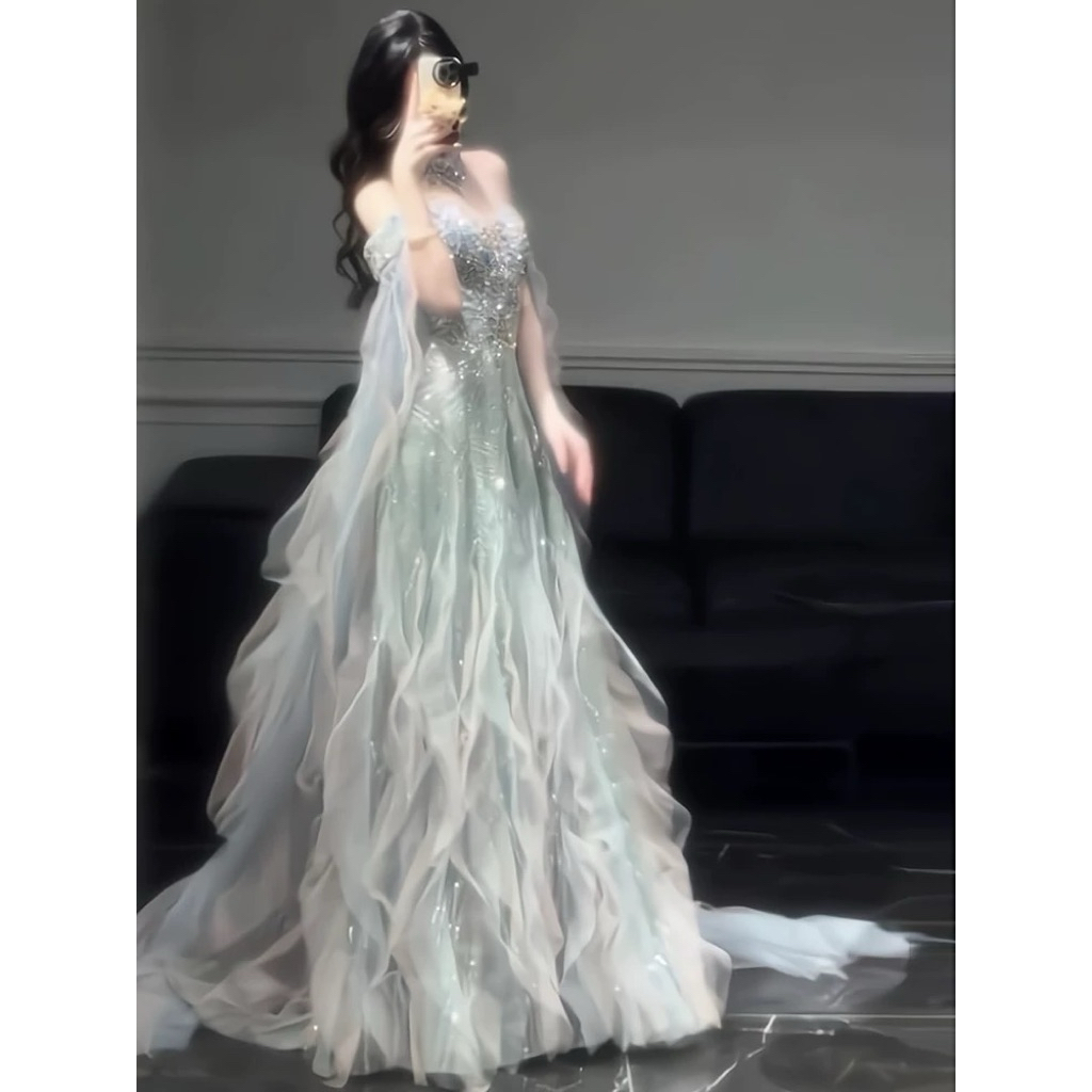 Váy Dạ Hội Xanh Bạc Đính Sequin Cúp Ngực Kèm Tay Voan Rời Dáng Xòe Công Chúa Cao Cấp