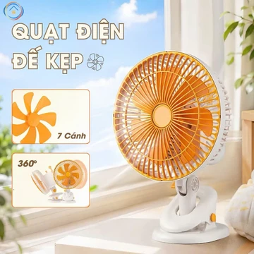 Quạt Điện Đế Kẹp, 22W, 2 Mức Gió Đa Năng - Quạt Để Bàn / Kẹp / Treo Tường 7 Cánh - Quay Tút Năng
