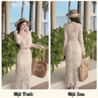Set bộ nữ đi biển áo tay dài thắt nơ ngực phối chân váy maxi dài tôn dáng phong cách nàng thơ HCOM25859