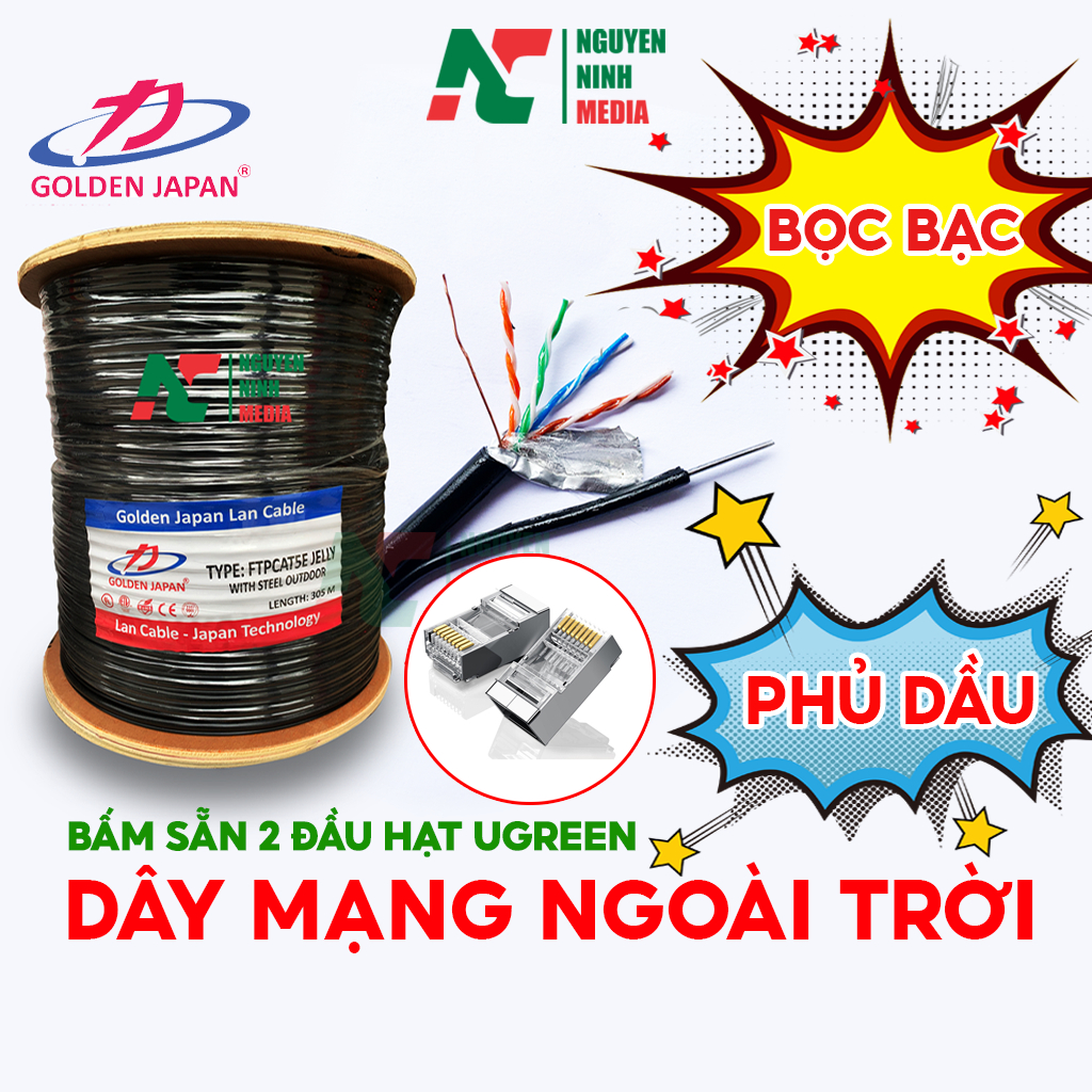 Dây Mạng Ngoài Trời 8 Lõi Golden Japan Cat5e và Cat6 FTP Có Sợi Thép Chịu Lực, Bọc Bạc, Phủ Dầu Chống Ẩm