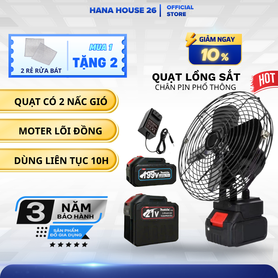 Quạt Pin Tích Điện Lồng Sắt MAKITA, Đế Pin 21V - 2 Mức Gió, 8 Inch Làm Mát Cực Nhanh Siêu Hot