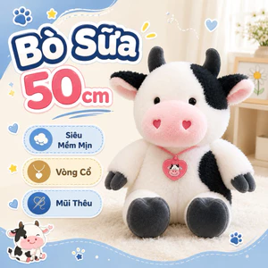 Gấu Bông Bò Sữa Mũi Hồng 45 -50cm Đeo Vòng Cổ Trái Tim, Gấu Bông Tặng Bạn Bè Dịp Lễ Hình Bò Sữa