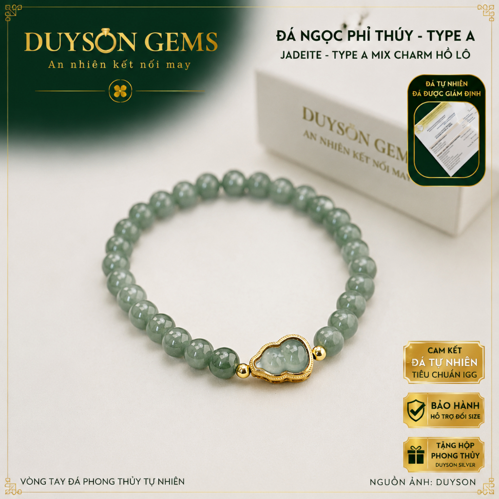 Vòng tay Duyson Gems chuỗi ngọc phỉ thúy Type A xanh lam thủy gắn charm hồ lô LTPT52