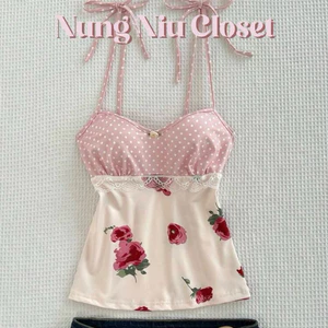 NUNG NIU - Áo Hai Dây Nữ Hoa Hồng Retro Phối Chấm Bi Cột Nơ Vai Phối Ren Dáng Babydoll