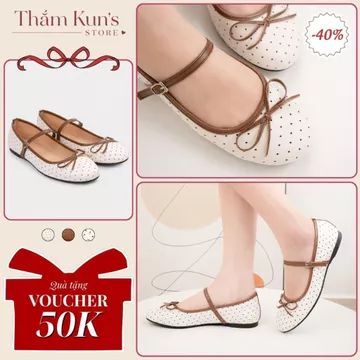 Giày búp bê nữ mũi tròn họa tiết chấm bi hoa nhí quai ngang, giày búp bê nữ đế bệt ôm chân xinh xắn phong cách Hàn Quốc