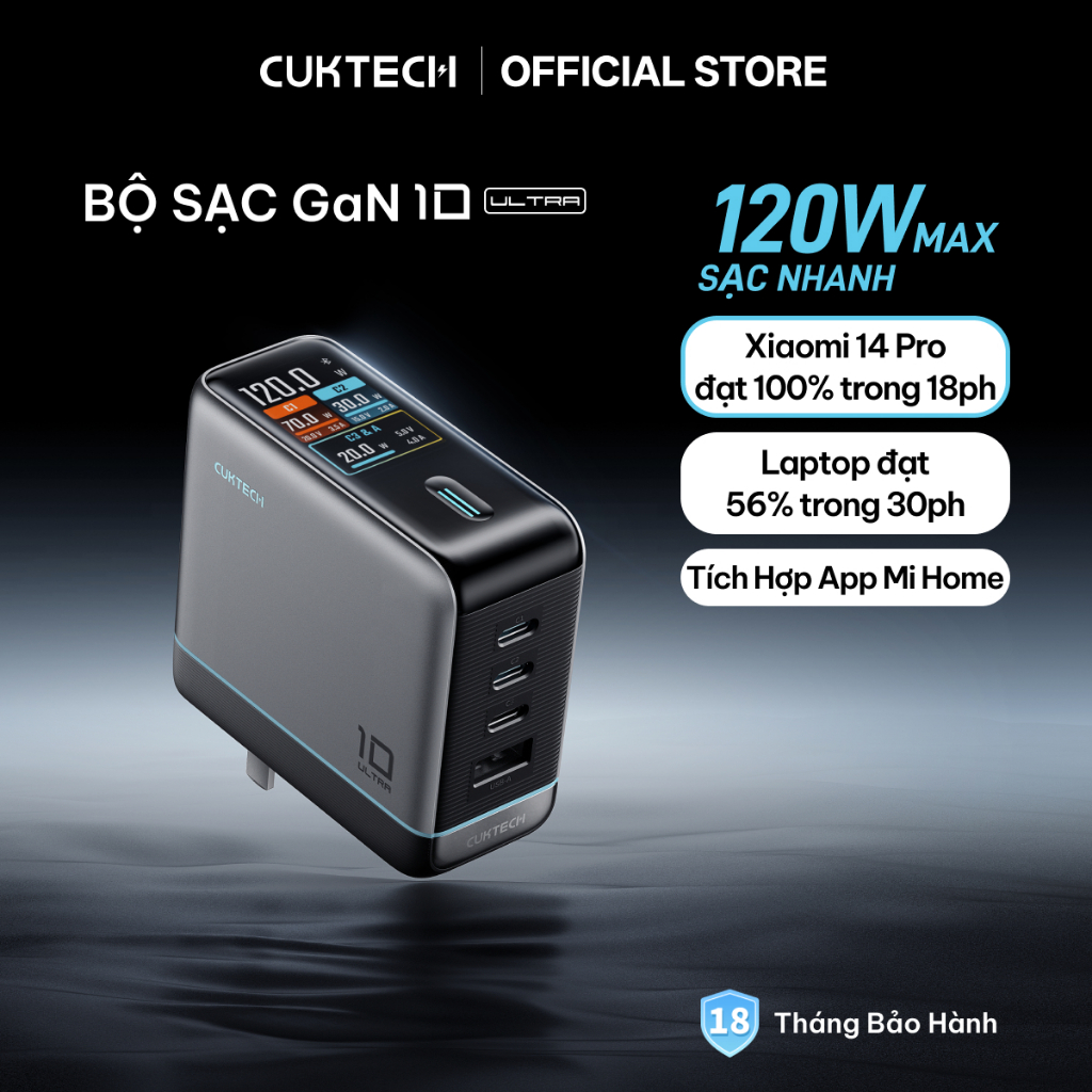 Củ Sạc Nhanh CUKTECH GaN 120W 4 Cổng Điều Khiển App Mi Home Cho Laptop/iP 17/16/15 Pro Max/Xiaomi 17/Samsung S26
