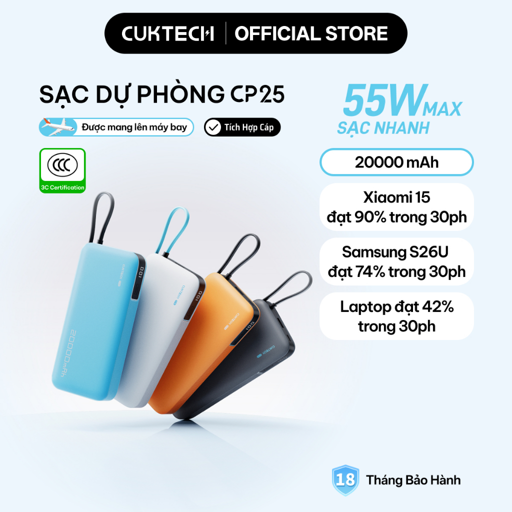 【Được chứng nhận CCC】CUKTECH Sạc Nhanh 55W 20000mAh – Tích Hợp Dây, Hỗ Trợ Xiaomi 55W Samsung 45W Laptop 45W iP 17/16/15