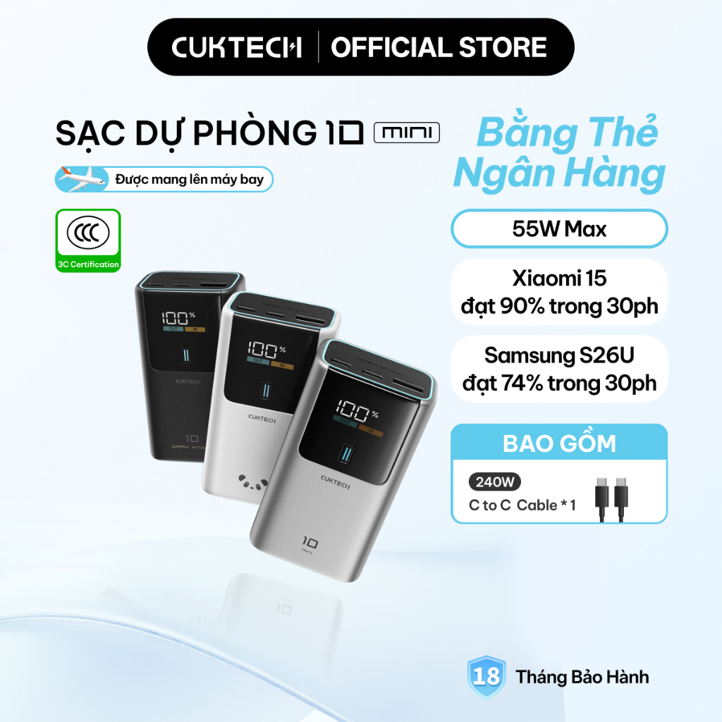 【Được chứng nhận CCC】CUKTECH Mini 55W Sạc Nhanh 10000mAh Pin Sạc Dự Phòng Xiaomi 55W Max Samsung 45W iP16/15/14