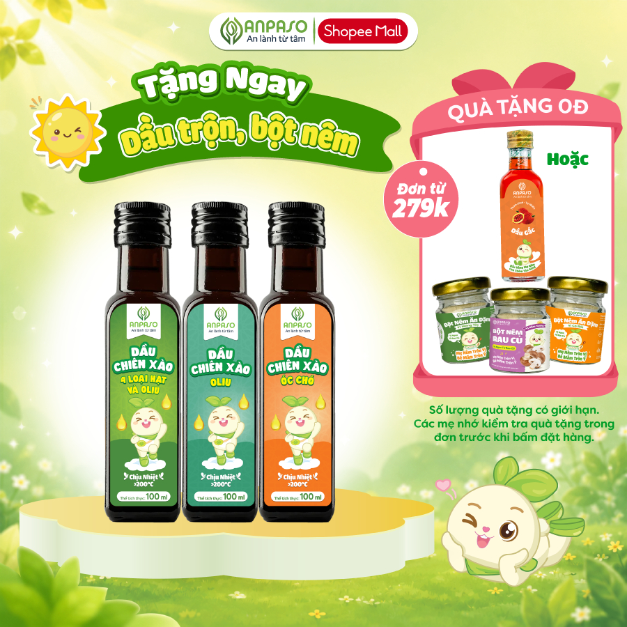 Dầu Chiên Xào Cho Bé Ăn Dặm Anpaso 100ml chịu nhiệt trên 200 độ C - Dầu oliu, óc chó, mix hạt