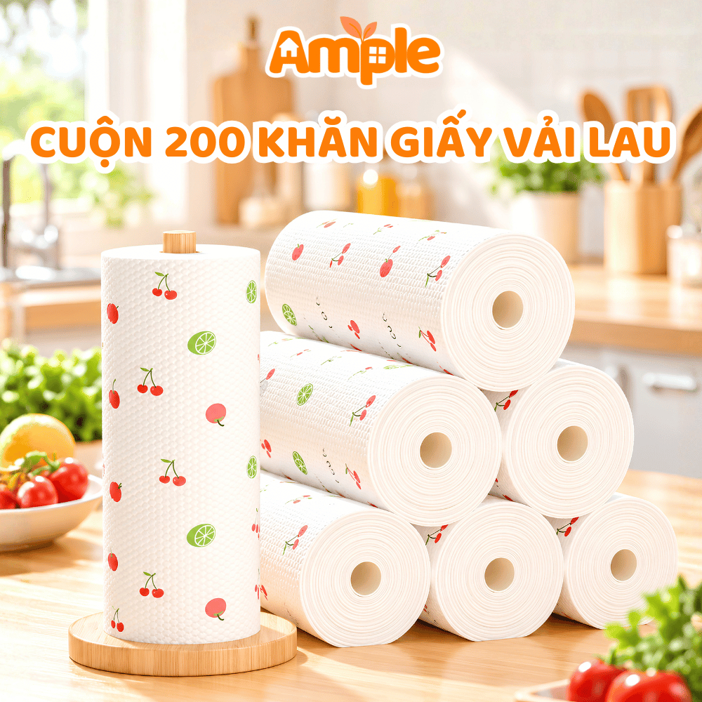 [CHÍNH HÃNG] Cuộn 200 Khăn Giấy Vải Lau Đa Năng, Lau Bếp, Lau Chén Bát AMPLE Tái Sử Dụng, Thấm Hút