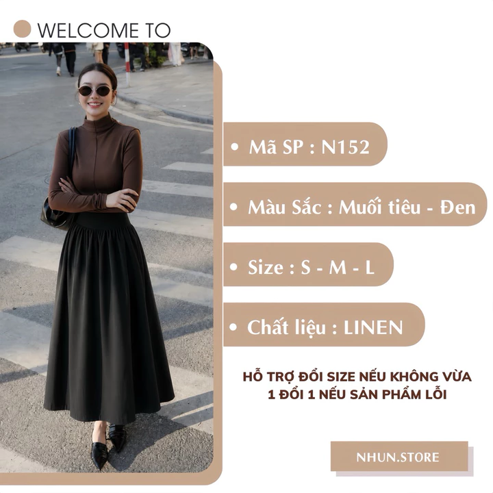 Chân váy nhún bản eo to NhunFashion chân váy dài linen thiết kế bản cạp khóa bồng xòe che khuyết điểm thanh lịch N152 – 2