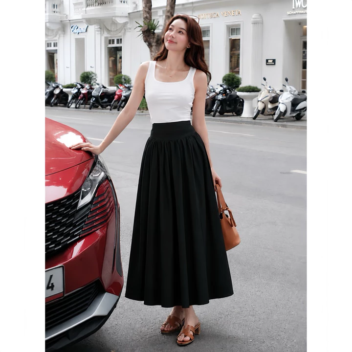 Chân váy nhún bản eo to NhunFashion chân váy dài linen thiết kế bản cạp khóa bồng xòe che khuyết điểm thanh lịch N152 – 6