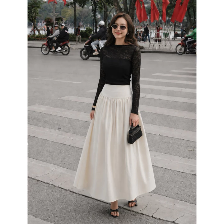Chân váy nhún bản eo to NhunFashion chân váy dài linen thiết kế bản cạp khóa bồng xòe che khuyết điểm thanh lịch N152 – 7