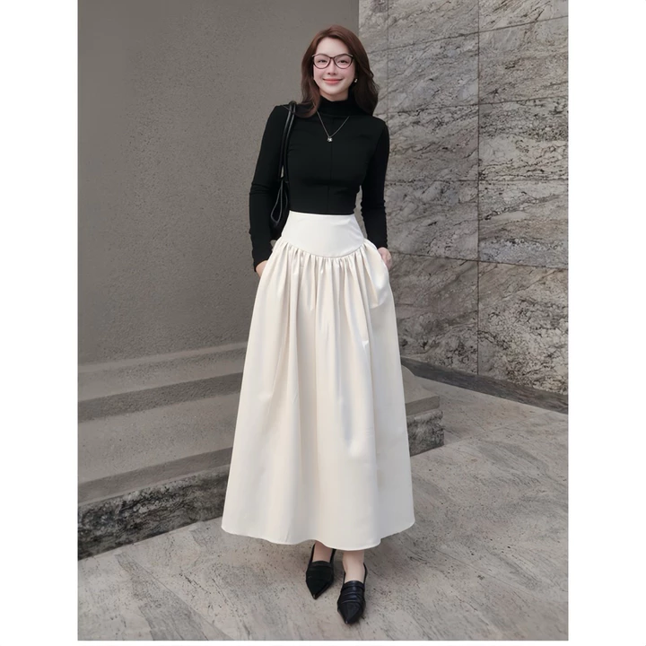 Chân váy nhún bản eo to NhunFashion chân váy dài linen thiết kế bản cạp khóa bồng xòe che khuyết điểm thanh lịch N152 – 5