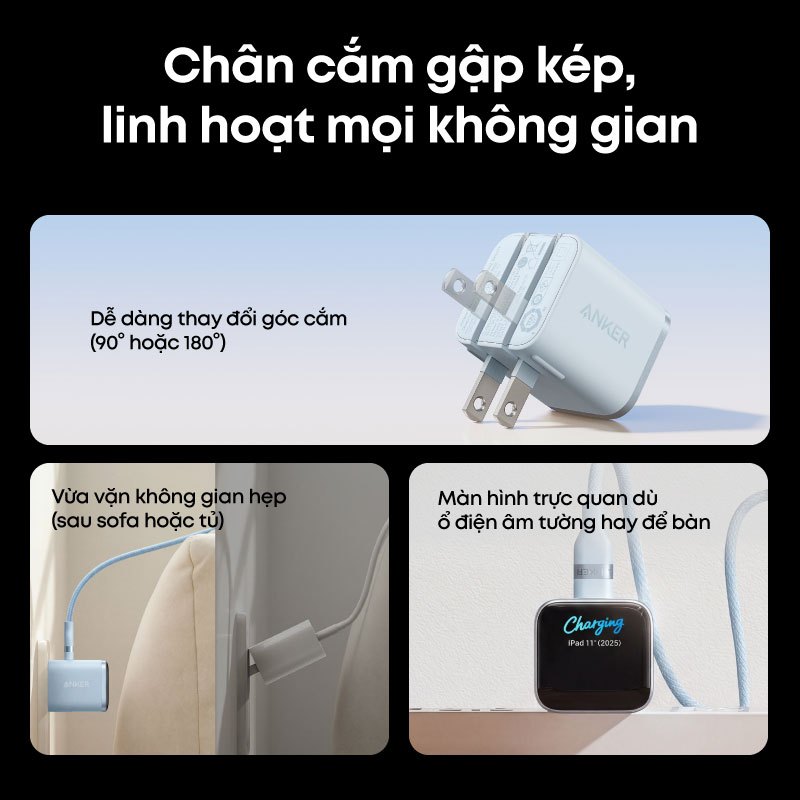 Củ Sạc Anker Nano 1C 45W | Màn Hình LED | Chân gập 180° | Sạc iPhone 15/16/17, Samsung, iPad - A121D | BH 18 tháng | BigBuy360 - bigbuy360.vn