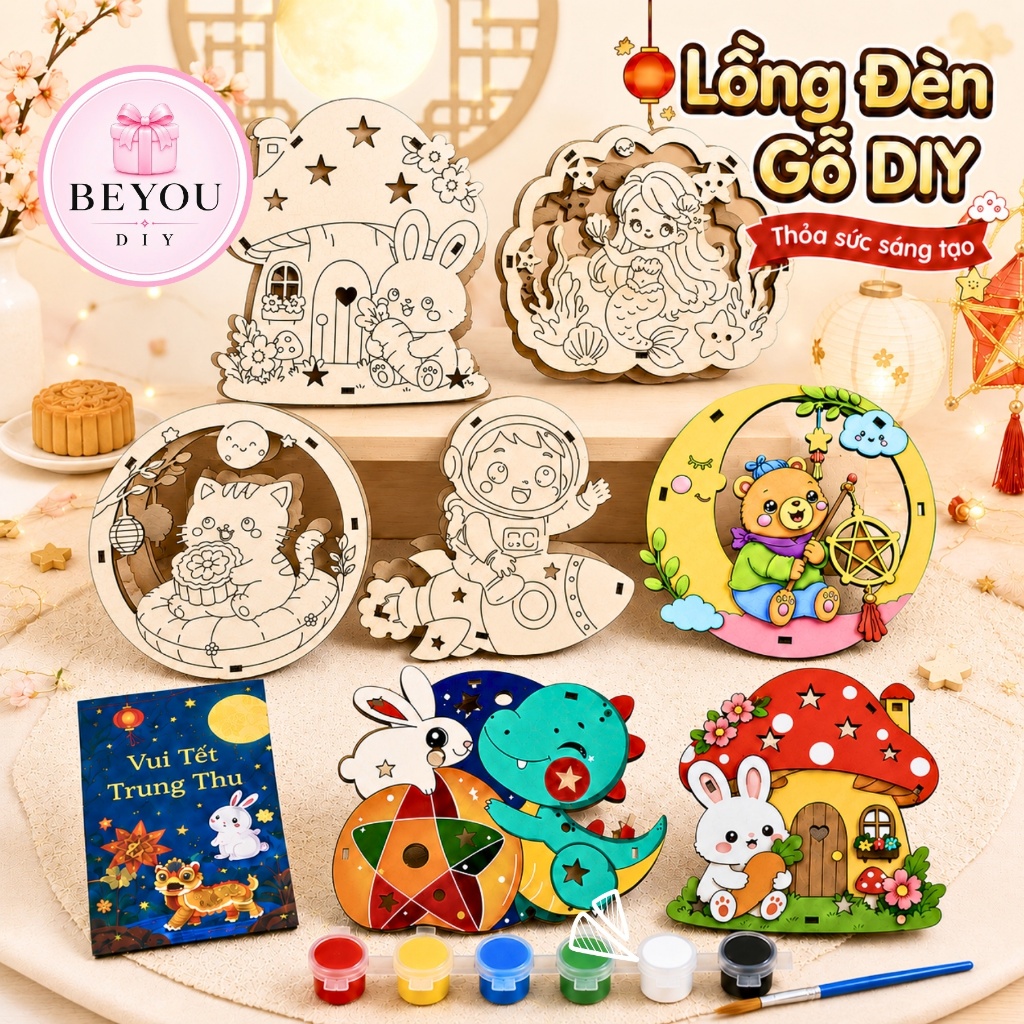 Lồng Đèn Gỗ Trung Thu DIY Tự Tô Màu Và In Màu Sẵn, Lắp Ghép Sáng Tạo Trang Trí Đêm Rằm Nhiều Mẫu Đẹp