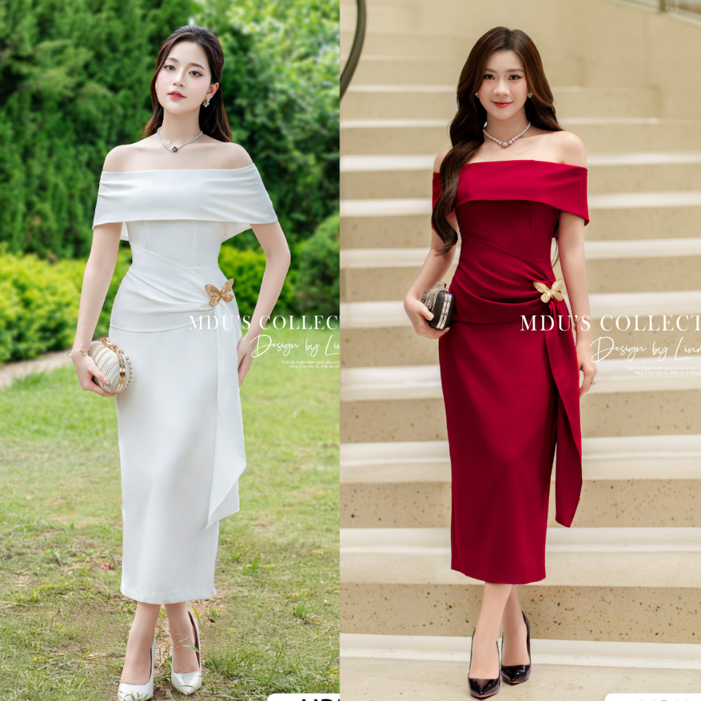 Váy Dự Tiệc ADELA DESIGN Chất Mango Ý Trễ Vai Drape Eo Điểm Nhấn Ánh Kim BST MDU5135