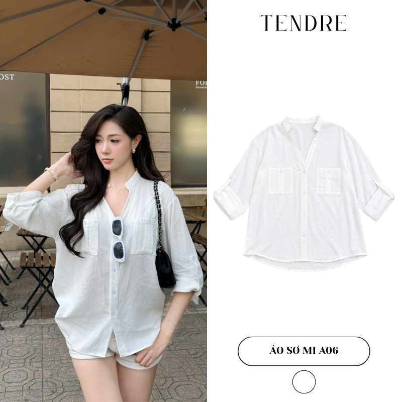 TENDRE - Áo Sơ Mi Nữ Cổ V Tay Dài Thanh Lịch, Áo Sơ Mi Form Rộng Chất Đũi Hàn Công Sở A06